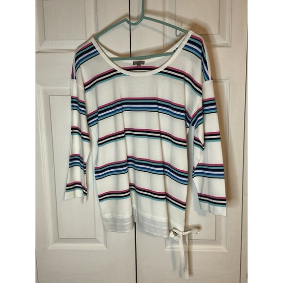 T By Talbots White Stripe Tie Waist 3/4 Sleeve Top 100% Cotton Size Medium - Picture 1 of 3
